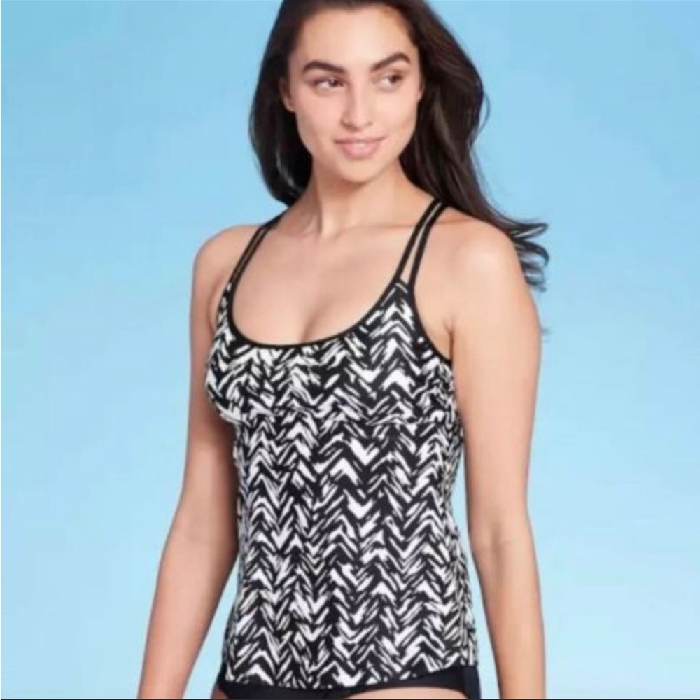 NEW Black & White Print Sz Large Beach Pool Removeable Pads Tankini Swim Top